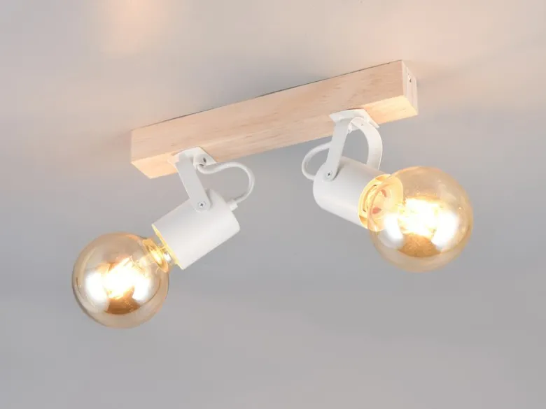 LED Deckenstrahler 2-flammig aus Metall Weiß mit Naturholz, Breite 31cm