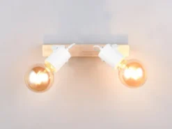 LED Deckenstrahler 2-flammig aus Metall Weiß mit Naturholz, Breite 31cm