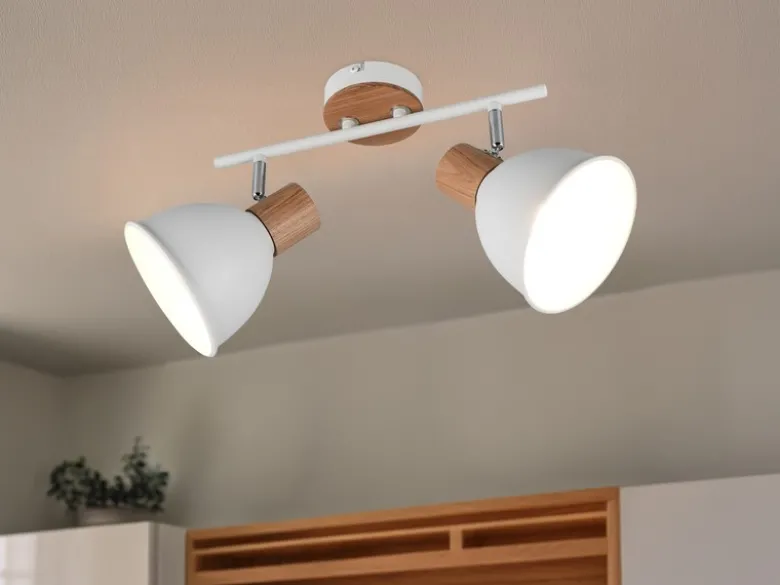 LED Deckenstrahler 2-flammig aus Metall in Weiß & Holzoptik, Breite 49cm