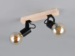 LED Deckenstrahler 2-flammig aus Metall Schwarz mit Naturholz, Breite 31cm