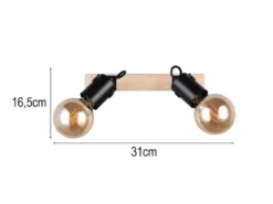 LED Deckenstrahler 2-flammig aus Metall Schwarz mit Naturholz, Breite 31cm