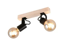 LED Deckenstrahler 2-flammig aus Metall Schwarz mit Naturholz, Breite 31cm