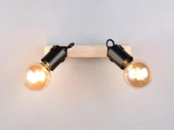 LED Deckenstrahler 2-flammig aus Metall Schwarz mit Naturholz, Breite 31cm