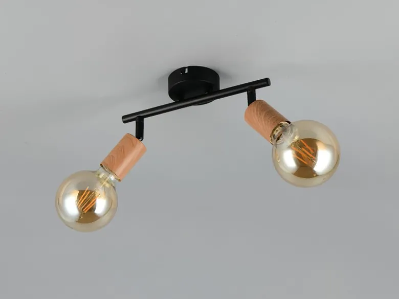 LED Deckenstrahler 2-flammig aus Metall in Schwarz & Holzoptik, Breite 35cm