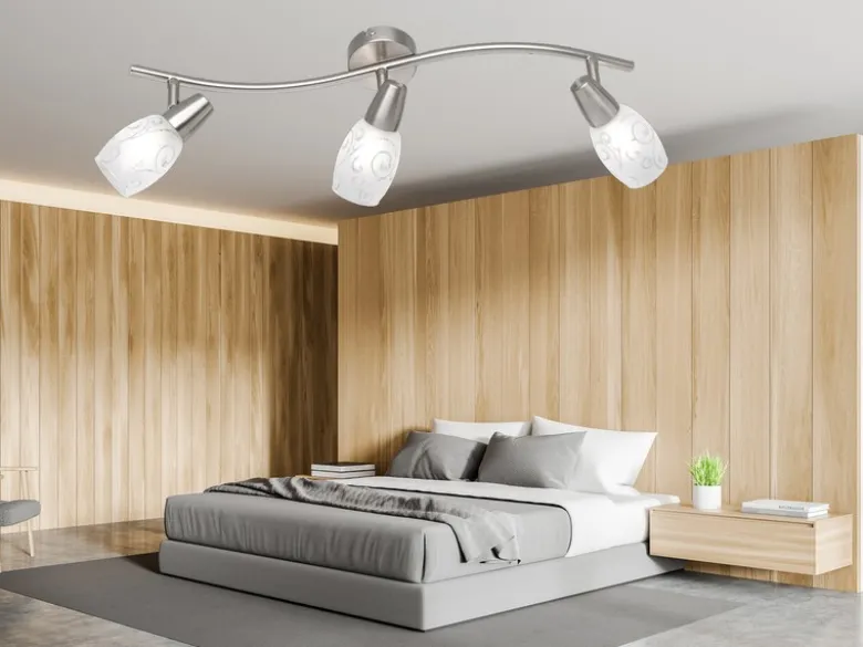 LED Deckenstrahler 3-flammig dimmbar, Silber mit Dekorglas, Breite 56cm