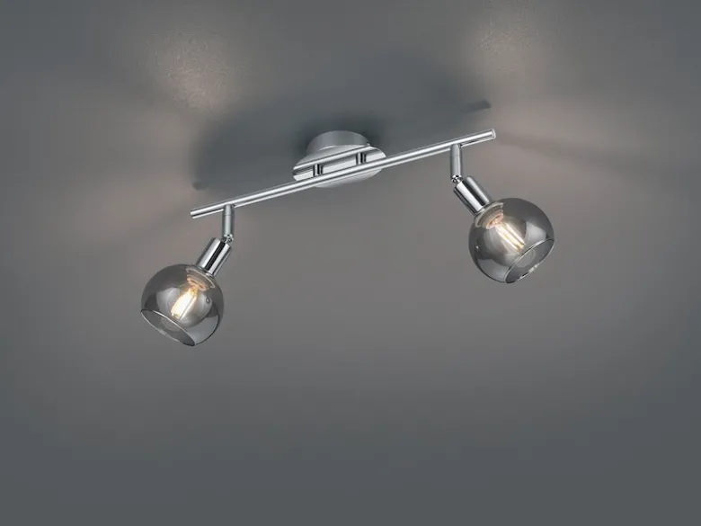 LED Deckenstrahler 2-flammig dimmbar, Chrom mit Rauchglas, Breite 40cm