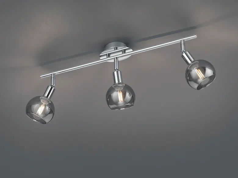 LED Deckenstrahler 3-flammig dimmbar, Chrom mit Rauchglas, Breite 58cm