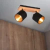 LED Deckenstrahler 2-flammig Holz, Stoffschirme Schwarz Gold, Breite 28cm