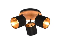 LED Deckenstrahler 3-flammig Holz & Stoffschirme Schwarz Gold, Ø 25cm