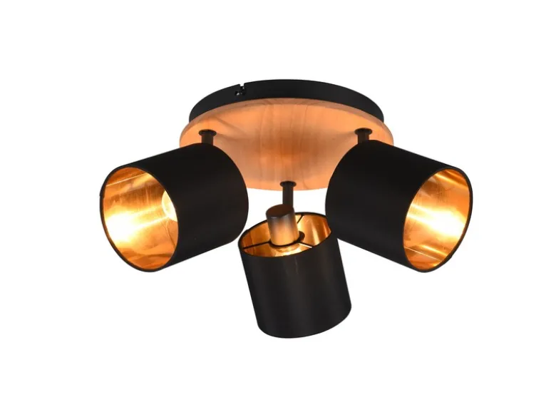 LED Deckenstrahler 3-flammig Holz & Stoffschirme Schwarz Gold, Ø 25cm