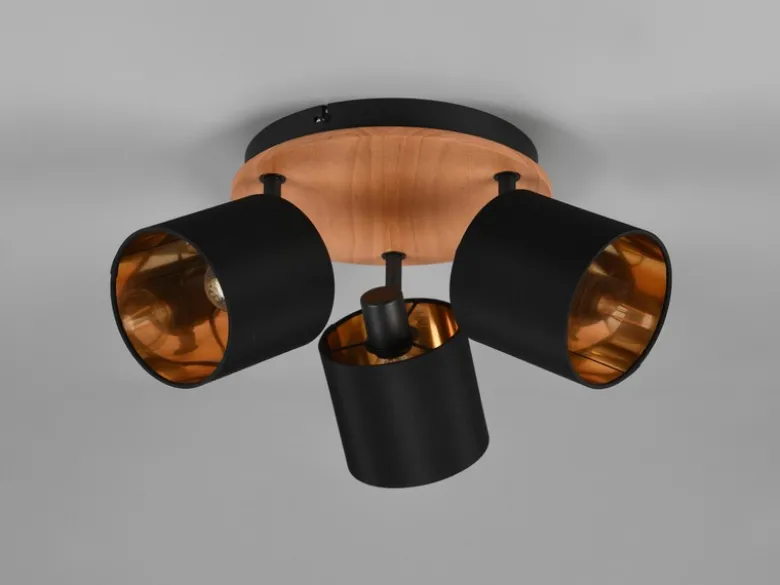 LED Deckenstrahler 3-flammig Holz & Stoffschirme Schwarz Gold, Ø 25cm