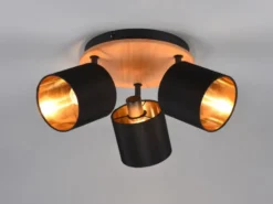 LED Deckenstrahler 3-flammig Holz & Stoffschirme Schwarz Gold, Ø 25cm