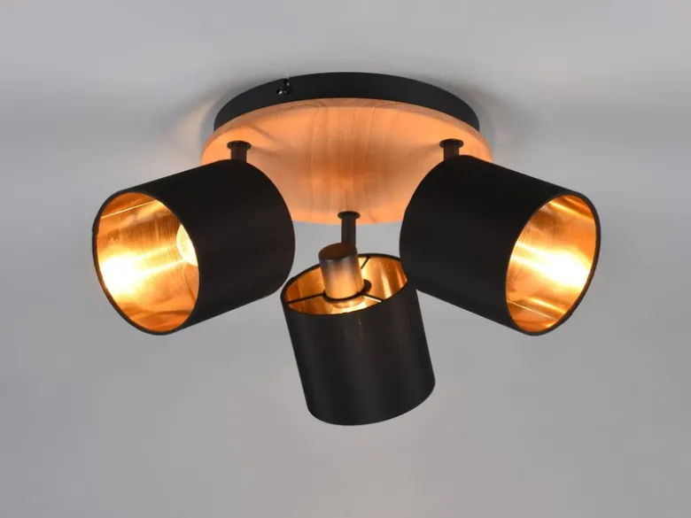 LED Deckenstrahler 3-flammig Holz & Stoffschirme Schwarz Gold, Ø 25cm
