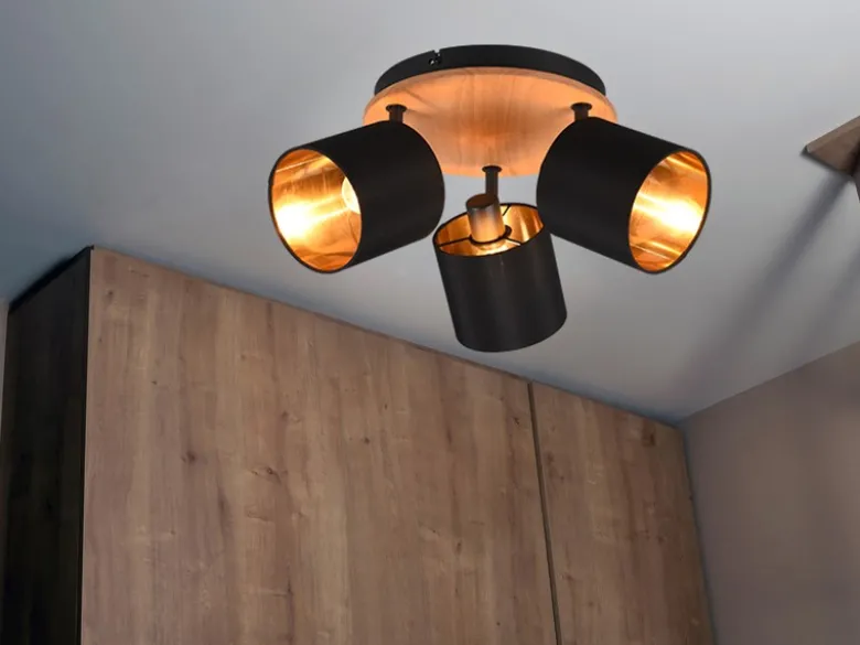 LED Deckenstrahler 3-flammig Holz & Stoffschirme Schwarz Gold, Ø 25cm