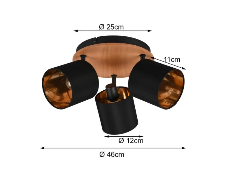 LED Deckenstrahler 3-flammig Holz & Stoffschirme Schwarz Gold, Ø 25cm