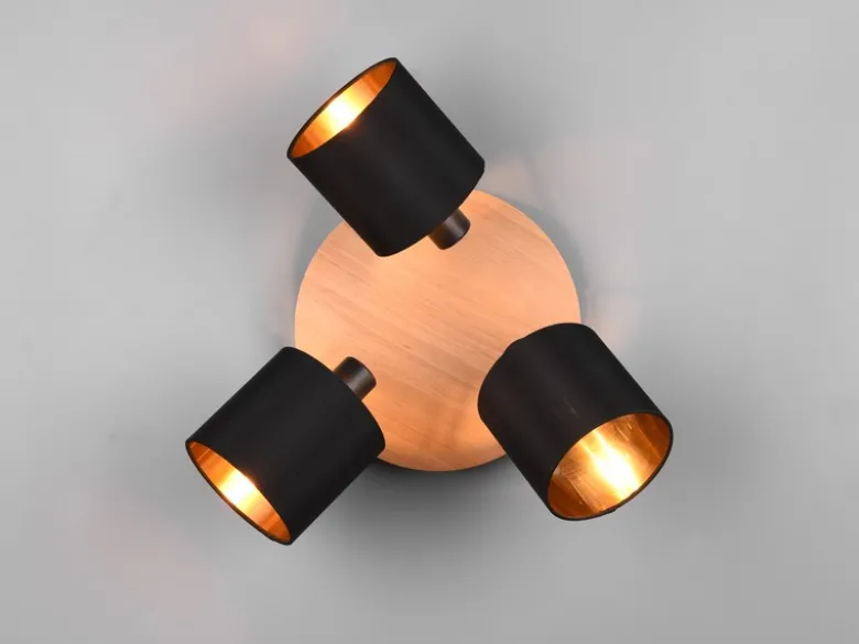 LED Deckenstrahler 3-flammig Holz & Stoffschirme Schwarz Gold, Ø 25cm