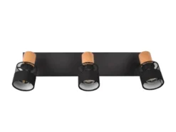 LED Deckenstrahler 3-flammig, Holz & Draht-Stoff Lampenschirm, Breite 58,5cm
