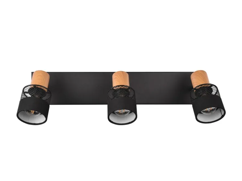 LED Deckenstrahler 3-flammig, Holz & Draht-Stoff Lampenschirm, Breite 58,5cm