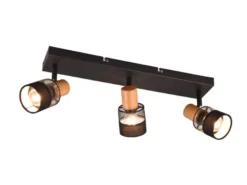 LED Deckenstrahler 3-flammig, Holz & Draht-Stoff Lampenschirm, Breite 58,5cm
