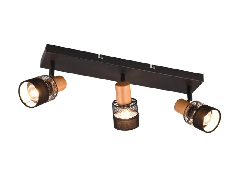 LED Deckenstrahler 3-flammig, Holz & Draht-Stoff Lampenschirm, Breite 58,5cm