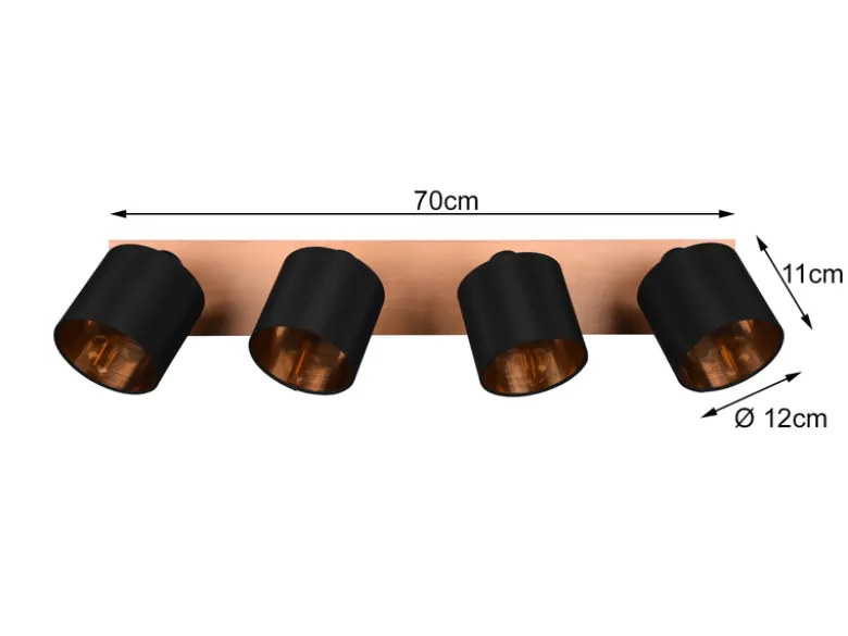 LED Deckenstrahler 4-flammig Holz, Stoffschirme Schwarz Gold, Breite 70cm