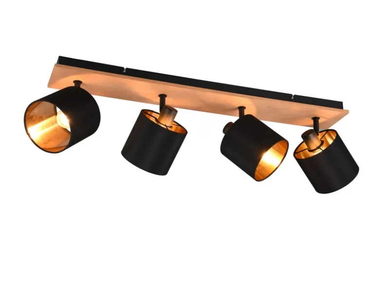 LED Deckenstrahler 4-flammig Holz, Stoffschirme Schwarz Gold, Breite 70cm
