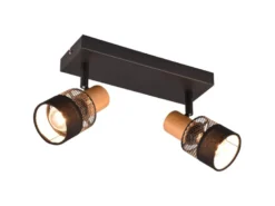 LED Deckenstrahler 2-flammig, Holz & Draht-Stoff Lampenschirm, Breite 38,5cm