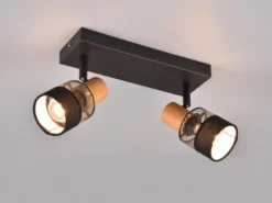 LED Deckenstrahler 2-flammig, Holz & Draht-Stoff Lampenschirm, Breite 38,5cm