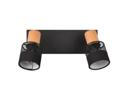 LED Deckenstrahler 2-flammig, Holz & Draht-Stoff Lampenschirm, Breite 38,5cm