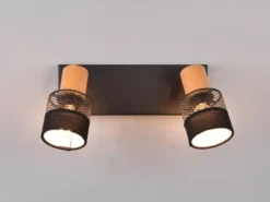 LED Deckenstrahler 2-flammig, Holz & Draht-Stoff Lampenschirm, Breite 38,5cm