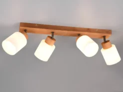 LED Deckenstrahler 4 flammig Korpus Holz & Glasschirme Weiß, Breite 60cm