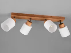 LED Deckenstrahler 4 flammig Korpus Holz & Glasschirme Weiß, Breite 60cm