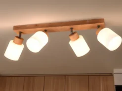 LED Deckenstrahler 4 flammig Korpus Holz & Glasschirme Weiß, Breite 60cm