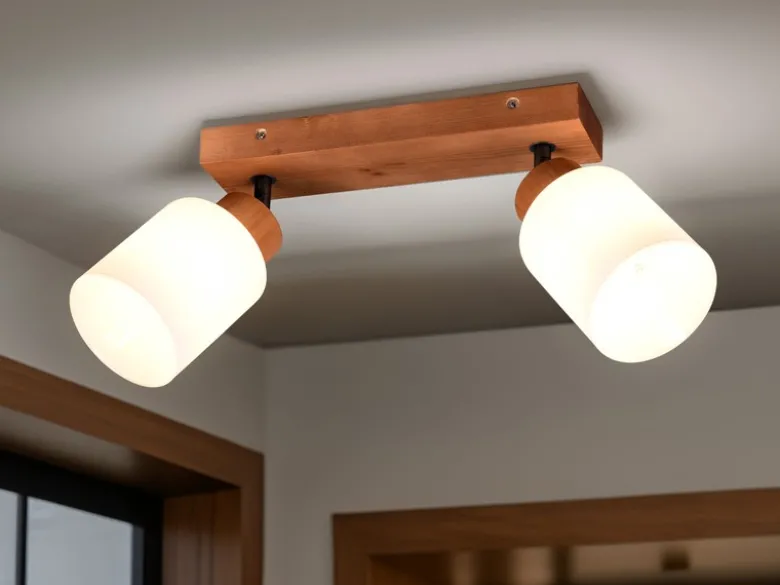 LED Deckenstrahler 2 flammig Korpus Holz & Glasschirme Weiß, Breite 30cm