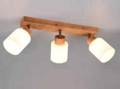 LED Deckenstrahler 3 flammig Korpus Holz & Glasschirme Weiß, Breite 45cm