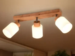 LED Deckenstrahler 3 flammig Korpus Holz & Glasschirme Weiß, Breite 45cm