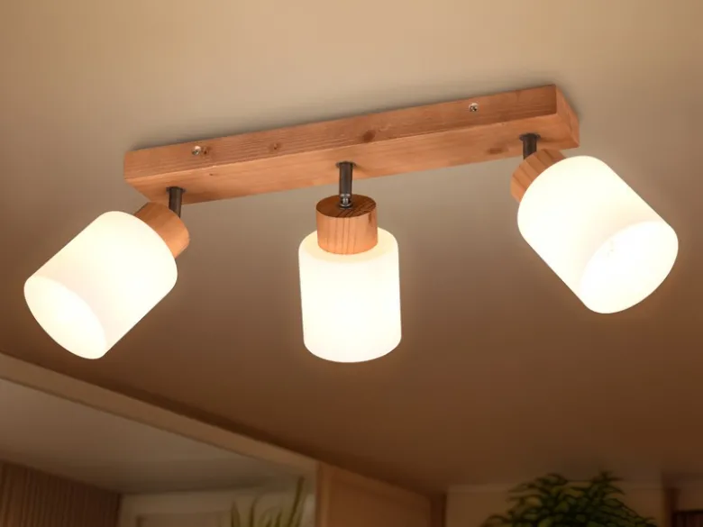 LED Deckenstrahler 3 flammig Korpus Holz & Glasschirme Weiß, Breite 45cm