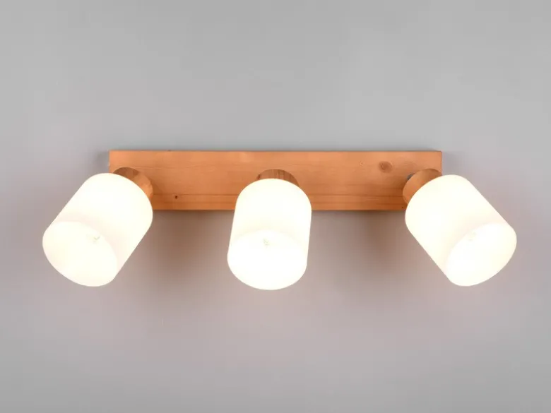 LED Deckenstrahler 3 flammig Korpus Holz & Glasschirme Weiß, Breite 45cm
