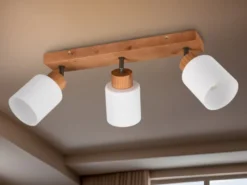 LED Deckenstrahler 3 flammig Korpus Holz & Glasschirme Weiß, Breite 45cm