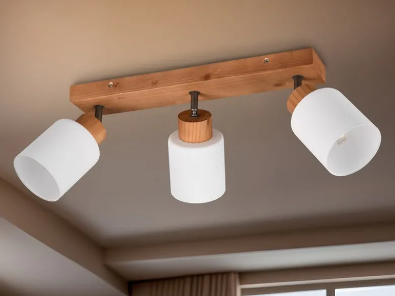LED Deckenstrahler 3 flammig Korpus Holz & Glasschirme Weiß, Breite 45cm