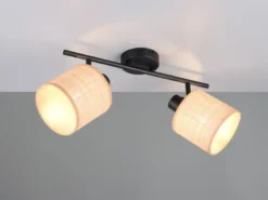 LED Deckenstrahler 2-flammig mit Lampenschirmen aus Bast, Breite 42cm