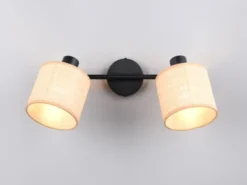 LED Deckenstrahler 2-flammig mit Lampenschirmen aus Bast, Breite 42cm