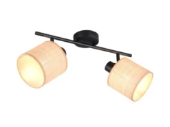 LED Deckenstrahler 2-flammig mit Lampenschirmen aus Bast, Breite 42cm