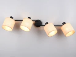 LED Deckenstrahler 4-flammig mit Lampenschirmen aus Bast, Breite 87cm