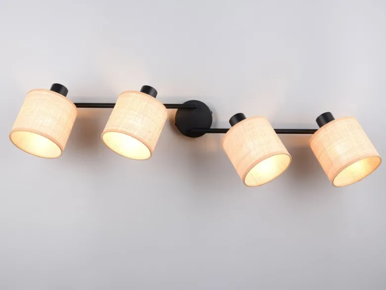 LED Deckenstrahler 4-flammig mit Lampenschirmen aus Bast, Breite 87cm