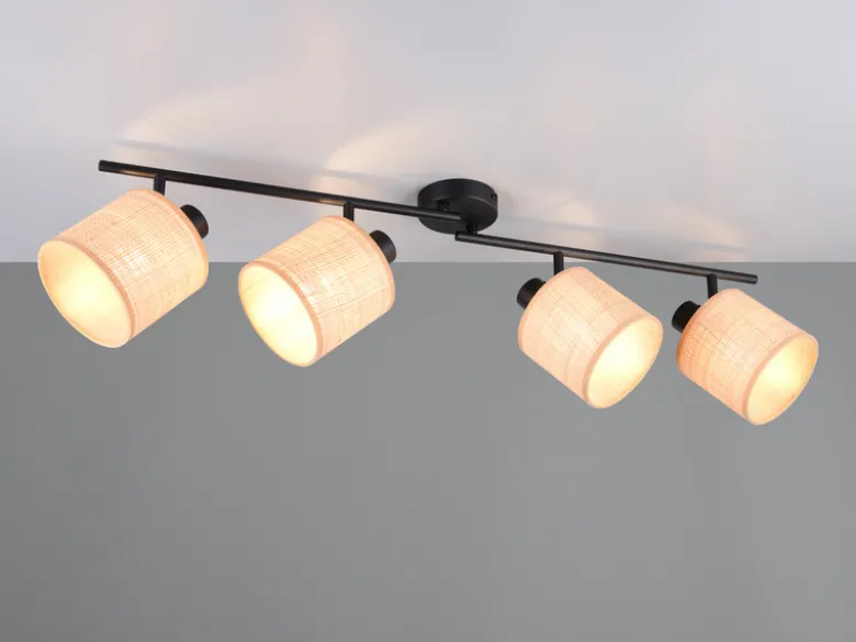 LED Deckenstrahler 4-flammig mit Lampenschirmen aus Bast, Breite 87cm