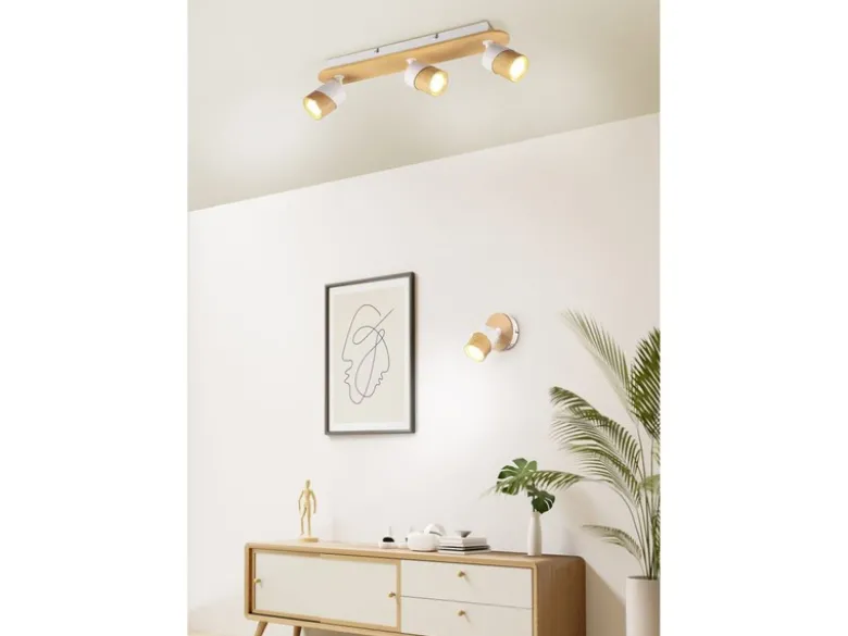 LED Deckenstrahler 3-flammig, Naturholz & Metall Weiß, Breite 48cm