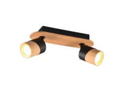 LED Deckenstrahler 2-flammig, Naturholz & Metall Schwarz, Breite 28cm