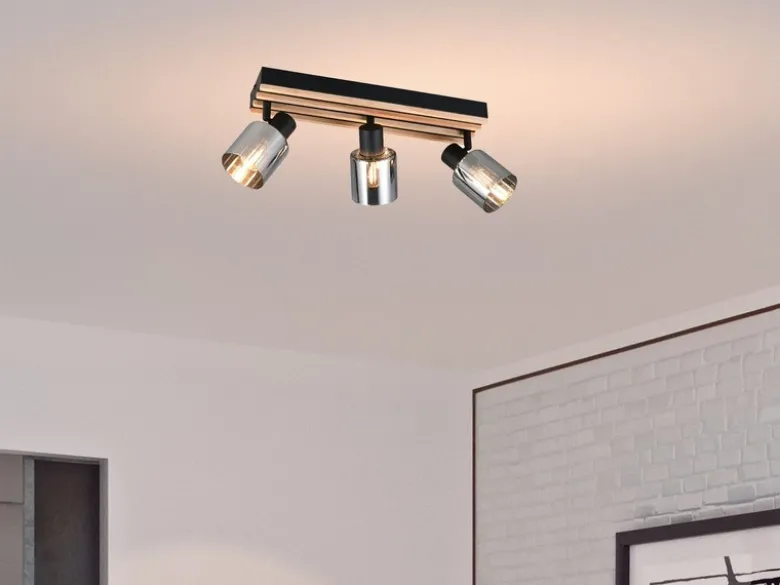LED Deckenstrahler 3-flammig, Rauchglas Schwarz & Holzlamellen, Breite 52,5cm