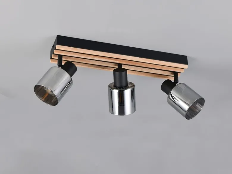 LED Deckenstrahler 3-flammig, Rauchglas Schwarz & Holzlamellen, Breite 52,5cm